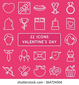 Set of 22 icons in style monoline for Happy Valentine's Day. Vector illustration