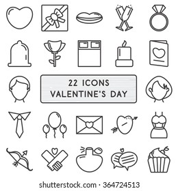 Set of 22 icons in style monoline for Happy Valentine's Day. Vector illustration