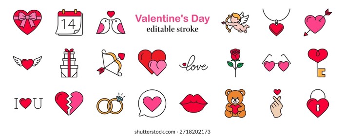 Conjunto de 22 iconos lineales de San Valentín con trazo editable y relleno de color suave. Moderno paquete de amor y romance con corazón, regalo, anillo, calendario, chat y fecha para tarjeta, boda, App y diseño de redes sociales.

