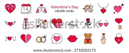 Set of 22 linear Valentine icons with editable stroke and soft color fill. Modern love and romance pack with heart, gift, ring, calendar, chat, and date symbols for card, wedding, app, and social media design.
