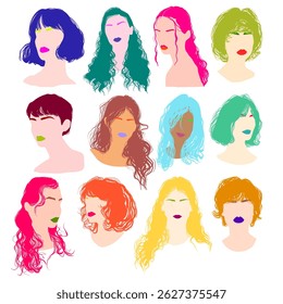 Set of 22 multicolor vector fashion illustration. Flat design style hairstyle drawings. Wavy and curly hair and colorful eyebrows and lips. Beautiful women