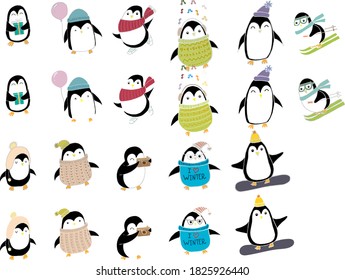 set of 22 penguin outline and without outline:with gift,in hat and balloon,the scarf on skates,hat, skiing,with a pink cap,in a cap and sweater,with a camera,in the sweater I love winter, snowboarding