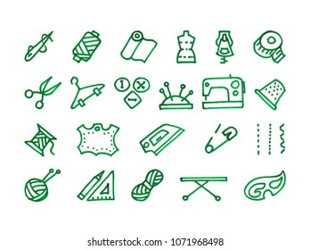 Set of 22 sewing  hand drawn green icons drawn with a felt-tip pen good for price tags, Internet sales and decoration of the websites