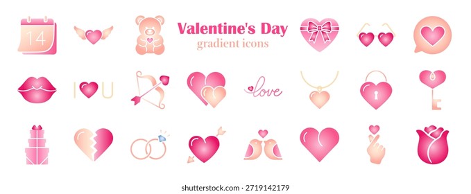 Conjunto de 22 iconos de San Valentín degradado rosa suave. Elegante paquete de amor y romance con corazón, regalo, anillo, calendario, chat y fecha símbolos para tarjeta, boda, App, logotipo y diseño de redes sociales.
