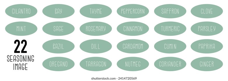 Set of 22 spice labels. Names of seasonings for cooking. Recipe ingredients. Vector illustration isolated on transparent background.