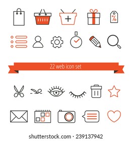 Set of 22 web red and grey icon. Can be used in web profile, shop or blog.