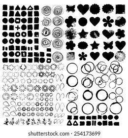 Set of 220 vector abstract grunge shapes. Brushes. Design elements. Circles, wine or drink stain, flower, heart, square, oval, scallop, leaf, butterflies  and symbols.  