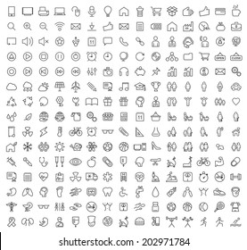 Set of 225 Minimal Modern Black Thin Stroke Icons (Multimedia, Business, Ecology, Education, Family, Medical, Fitness) on Colored Background.