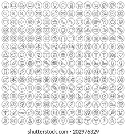 Set of 225 Minimal Modern Black Thin Stroke Icons (Multimedia, Business, Ecology, Education, Family, Medical, Fitness) on Circular Buttons on White Background.