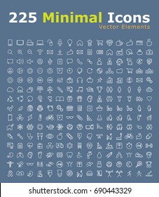 Set of 225 Minimal Modern Black Thin Stroke Icons (Multimedia, Business, Ecology, Education, Family, Medical, Fitness) on Colored Background.