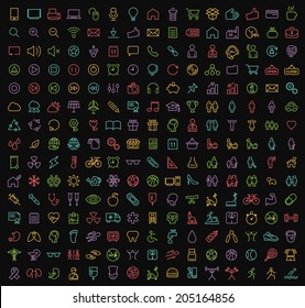 Set of 225 Minimal Modern Neon Thin Stroke Colored Icons (Multimedia, Business, Ecology, Education, Family, Medical, Fitness) on Black Background.