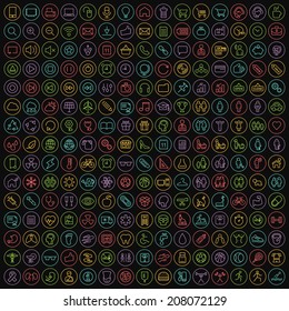 Set of 225 Minimal Modern Neon Thin Stroke Colored Icons on Circles on Black Background (Multimedia, Business, Ecology, Education, Family, Medical, Fitness) on Black Background.