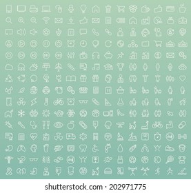 Set of 225 Minimal Modern White Thin Stroke Icons (Multimedia, Business, Ecology, Education, Family, Medical, Fitness) on Colored Background.