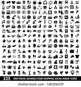 Set of 225 Quality icon Social Media icons, Web icons, Food icons, Shopping, Mobile icons, Travel icons, Camping icons. Vector illustration