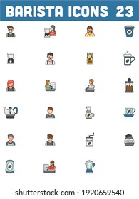 Set of 23 Barista Color Icons on White Background.