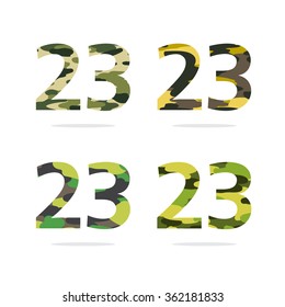 A set of 23 numbers in a different camouflage coloring. Vector icons on a white background.