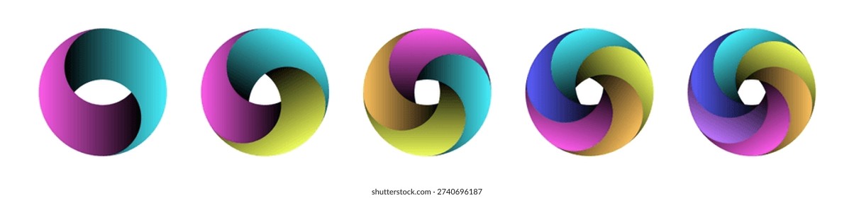 Set of 2-3-4-5-6 segment spiral cycle circle diagrams Colorful three-dimensional gradient spiral circular chart cycle infographic vector illustration assets
