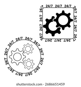 Set 24 7 icons. Vector gear symbols. Open twenty four seven. Customer support emblems. EPS 10.