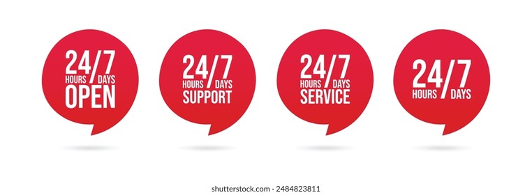 Set of 24 7 Service Support open, 24 hours a day, 7 days a week icon set. Tech supporting symbol. Timetable, time, hours signs. Delivery, shopping symbol. Vector illustration