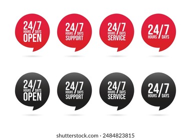 Set of 24 7 Service Support open, 24 hours a day, 7 days a week icon set. Tech supporting symbol. Timetable, time, hours signs. Delivery, shopping symbol. Vector illustration