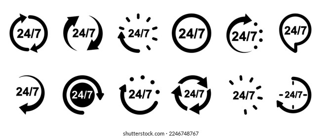 Set of 24 7 vector icons. Always open. 24h on day service or delivery. Online support.