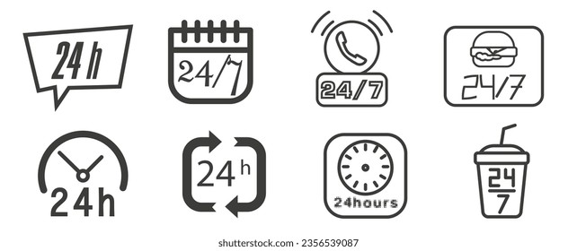 Set of 24 7 vector icons. Icons of shops or delivery services. A simple set of illustrations of around the clock elements. EPS 10.