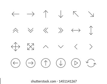 Set of 24 Arrows web icons in line style. Arrow, arrows. Vector illustration.