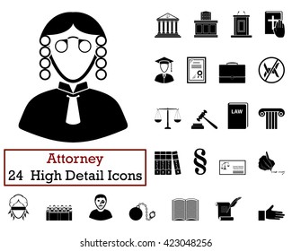 Set of 24 Attorney Icons in Black Color.Vector illustration.