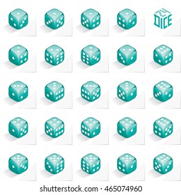 A Set of 24 Authentic Icons of Dice in All Possible Turns - Isometric Turquoise Cubes with White Elements on Natural Paper Effect Background - 3d Illusion Gradient Graphic
