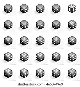 A Set of 24 Authentic Icons of Dice in All Possible Turns - Isometric Black Cubes with White Elements on Natural Paper Effect Background - 3d Illusion Gradient Graphic