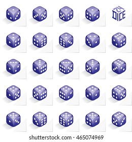 A Set of 24 Authentic Icons of Dice in All Possible Turns - Isometric Blue Cubes with White Elements on Natural Paper Effect Background - 3d Illusion Gradient Graphic