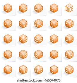 A Set of 24 Authentic Icons of Dice in All Possible Turns - Isometric Orange Cubes with White Elements on Natural Paper Effect Background - 3d Illusion Gradient Graphic