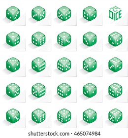 A Set of 24 Authentic Icons of Dice in All Possible Turns - Isometric Green Cubes with White Elements on Natural Paper Effect Background - 3d Illusion Gradient Graphic