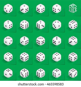 A Set of 24 Authentic Icons of Dice in All Possible Turns - Isometric White Cubes with Black Pips on Natural Paper Effect Background - 3d Illusion Gradient Graphic