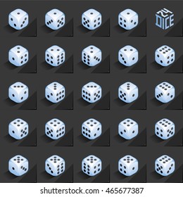 A Set of 24 Authentic Icons of Dice in All Possible Turns - Isometric Sky Blue Cubes with Black Pips on Natural Paper Effect Background - 3d Illusion Gradient Graphic