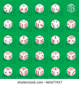 A Set of 24 Authentic Icons of Dice in All Possible Turns - Isometric White Cubes with Red Pips on Green Natural Paper Effect Background - 3d Illusion Gradient Graphic