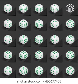 A Set of 24 Authentic Icons of Dice in All Possible Turns - Isometric White Cubes with Green Pips on Black Natural Paper Effect Background - 3d Illusion Gradient Graphic