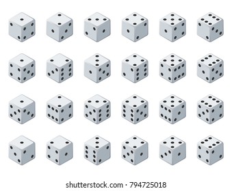 Set 24 authentic icons of dice in all possible turns. Twenty four variants loss dice. White game cubes isolated on white background. Board games dice in 3D view. Vector isometric illustration.