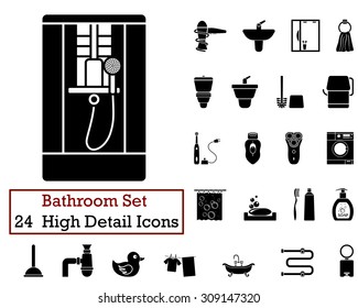 Set of 24 Bathroom Icons in Black Color.  Suitable For All Kind of Design (Web Page, Interface, Advertising, Polygraph and Other). Vector Illustration. 