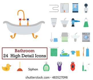 Set of 24 Bathroom Icons. Flat color design. Vector illustration.