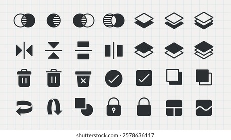 Set of 24 black icons on a grid background. Includes layers, checkmarks, locks, and trash cans. Icons for layers, locks, and checkmarks in various styles. User interface icons, UI icon vector set.