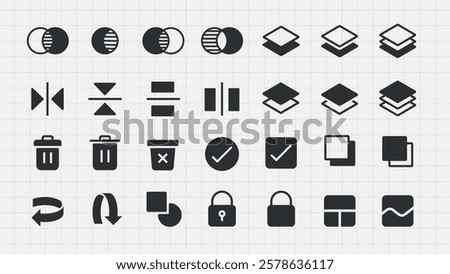 Set of 24 black icons on a grid background. Includes layers, checkmarks, locks, and trash cans. Icons for layers, locks, and checkmarks in various styles. User interface icons, UI icon vector set.