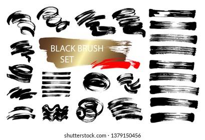 set of 24 black ink hand drawing brushes collection isolated on white background for your design, brush strokes element vector illustration