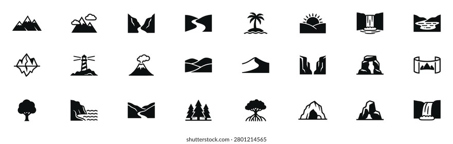 Set of 24 black nature landscape icons including mountains, island, sunrise, waterfall, lake, lighthouse, volcano, hills, sand dune, rock formations, tree, forest