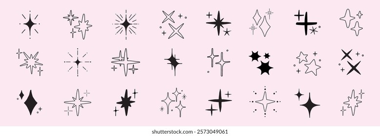 Set of 24 black starburst icons on a light background. Starburst designs vary in shape and size. Perfect for adding a starburst effect to designs. Element vector set.