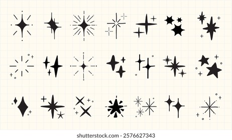 Set of 24 black starburst icons on a grid background. Starburst shapes vary in size and style. Perfect for design, decoration, and adding starburst effects. Element vector set.