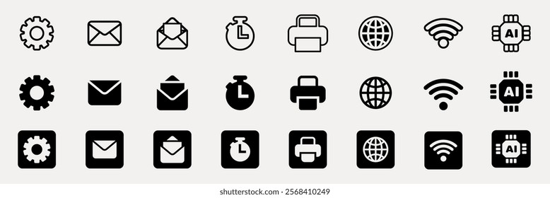 Set of 24 black and white icons including gear, envelope, clock, printer, globe, Wi-Fi, and AI chip. Simple, versatile icons for tech and communication themes. User interface icon vector set.