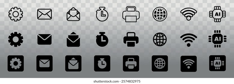 Set of 24 black and white icons: gear, envelope, clock, printer, globe, Wi-Fi, AI chip. Includes filled and outlined styles on a transparent background. User interface icon vector set.