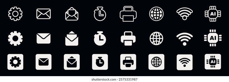 Set of 24 black and white icons: gear, envelope, clock, printer, globe, Wi-Fi, AI chip. Repeated in two styles: outlined and filled. Tech and communication theme. User interface icon vector set.