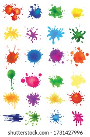 Set of 24 blots paint splashes on a white background. Paint colorful blots collection
different sizes and shapes of liquid blots.